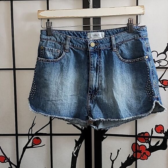 Ba&sh Sluego Denim Studded Shorts. - Picture 1 of 9